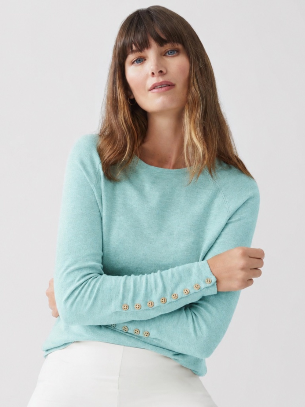 J. McLaughlin Jamey Aqua Shimmer Knit Sweater Button Sleeve Detail Size L